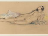 drawing of a nude female reclining on a bed with a pillow