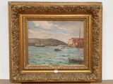 an oil painting of boats in a body of water next to a building