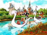une illustration représentant un bateau en forme de cygne avec des personnes à bord