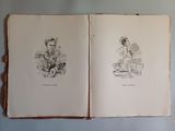 an open book with a drawing of a man and a woman sitting on a chair