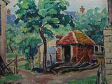 une peinture à l'huile représentant une maison et des arbres dans un décor champêtre