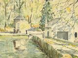 une aquarelle représentant une petite maison au bord de l'eau