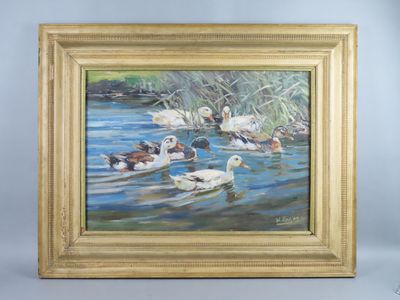 painting of ducks swimming in a pond with reeds in the background