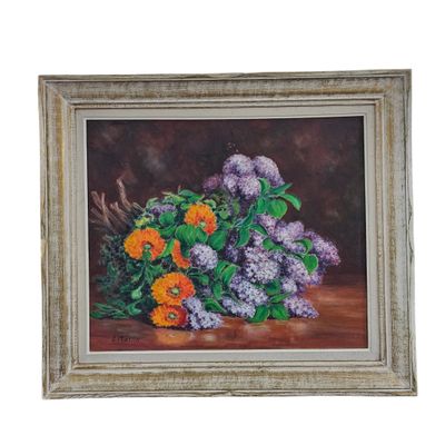une peinture à l'huile représentant un bouquet de fleurs posé sur une table