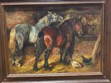 a painting of horses and chickens in a barn