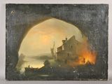 une peinture à l'huile représentant un bateau sur une rivière, avec un château en arrière-plan