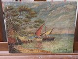 une photo d'un tableau posé sur un chevalet, avec un bateau dans l'eau