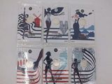 six cards with different illustrations of a woman in a bathing suit