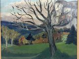 an oil painting of a tree in a field with mountains in the background