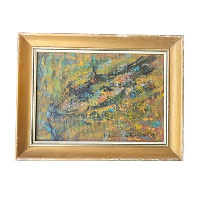 une peinture à l'huile représentant un poisson, dans un cadre doré, sur fond blanc