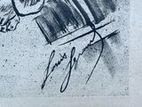 signed drawing of a man playing a piano in a room