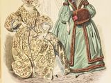 an old book with a drawing of two women in dresses
