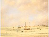 a painting of a beach with boats in the water