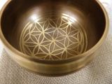 a metal bowl with a design on it on a table