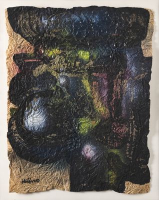 an abstract painting of fruit and vegetables on a piece of paper
