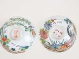 pair of chinese famille dishes with flowers and birds on them
