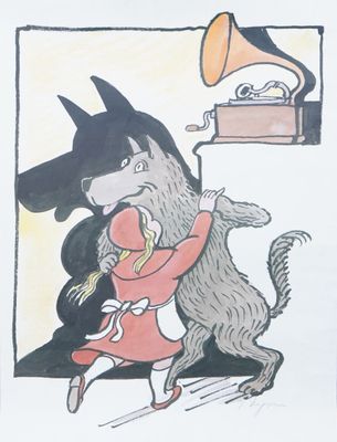 drawing of a dog in a red coat and a hat with a record on it