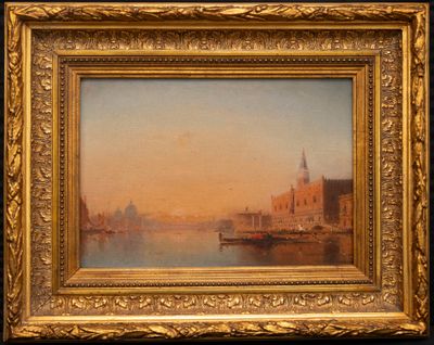 une image représentant un tableau d'une ville avec un bateau sur l'eau