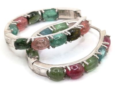 pair of multicolored stone hoop earrings on a white background