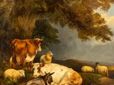 tableau représentant des vaches et des moutons se reposant sous un arbre dans un pâturage