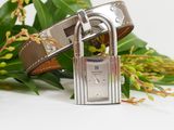 a silver padlock with a brown leather strap