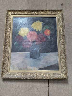 a painting of flowers in a vase on a table