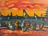 painting of a group of people sitting on a beach next to a body of water