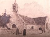 dessin d'une église avec un clocher et une tour d'horloge