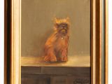 an oil painting of a small dog sitting on a ledge