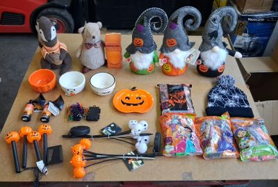 a table with a lot of halloween items on it