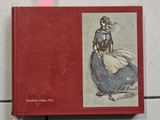 un livre rouge avec l'image d'une femme en robe bleue