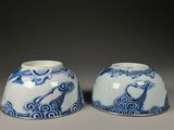 pair of blue and white porcelain bowls with designs on them