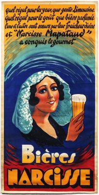 an old poster of a woman holding a glass of beer