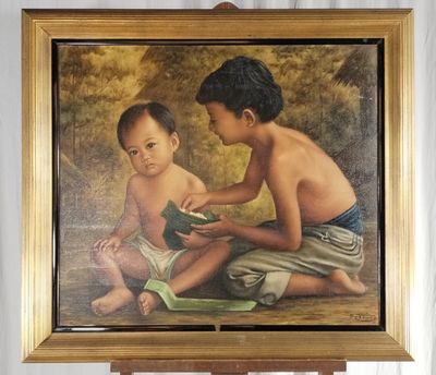 un tableau représentant deux enfants jouant avec un livre