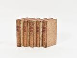 cinq vieux livres sont alignés sur une surface blanche