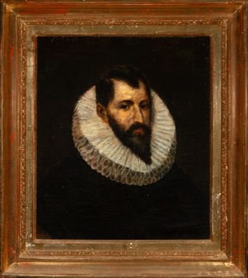 portrait of a bearded man in a black dress with a ruffled collar