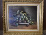 a painting of a bowl of plums on a table
