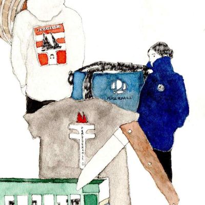 a drawing of a man standing next to a pile of luggage