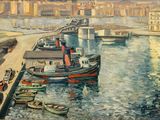 un tableau représentant une scène de port avec des bateaux et des bâtiments