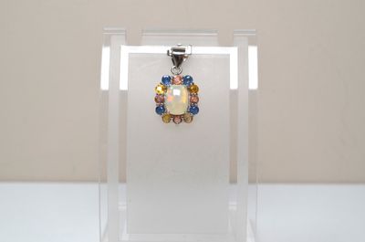 a close up of a glass display case with a necklace on it