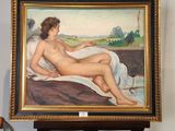 tableau représentant une femme nue assise sur un lit, à côté d'un chevalet en bois