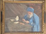 tableau représentant un homme coiffé d'un turban bleu et un oiseau posé sur une table