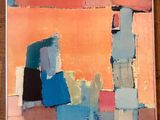 peinture abstraite aux tons orange, bleu, rose et vert sur un support en bois