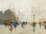 un tableau représentant des personnes marchant sous la pluie dans une rue de la ville