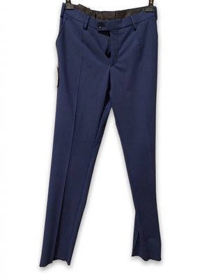 a close up of a pair of blue pants on a hanger