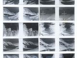 several black and white photographs of snow covered mountains and a cross