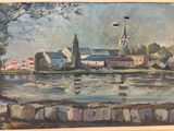 a painting of a church on the shore of a river