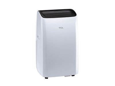 un climatiseur portable blanc posé sur une table blanche