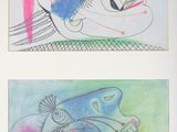 three different colored drawings of a fish and a fish on a table