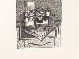 an image of a black and white drawing of two cats sitting on a couch